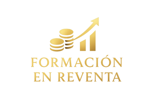 Ahora generame una imagen para poner de logo al producto "Formación en Reventa" que sea llamativa pero a la vez minimalista y pegue con los colores y la estética de la página. Es decir que exprese el lujo el dinero que exprese el dinero que pueda ganar si compra este pack. usa los colores oscuros pero también que resalte un color dorado, colores de lujo.