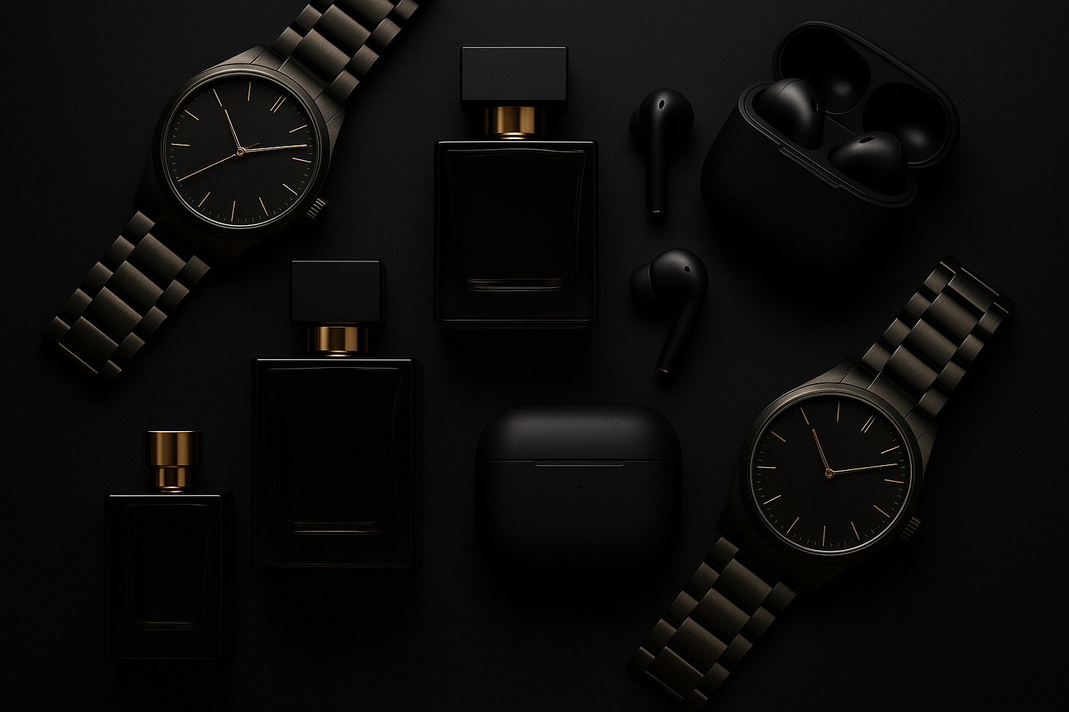 hazme una imagen que sea tipo wallpaper y que sea una mezcla de joyería (relojes principalmente), perfumes y tecnología (principalmente air pods). No quiero que salga ninguna marca conocida, y que la imagen exprese lujo y dinero. También quiero que sea minimalista y de tonalidades oscuras.